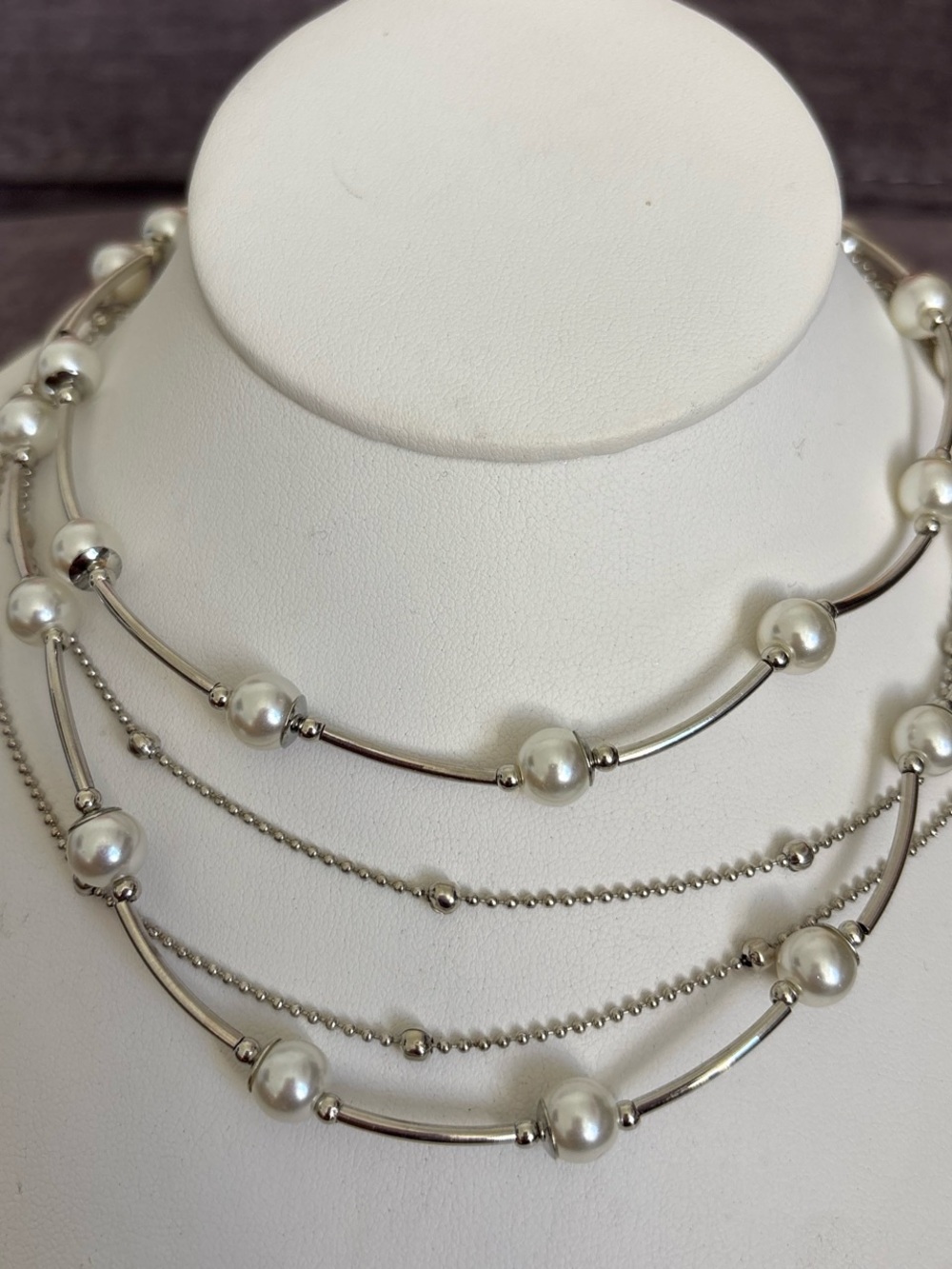 Multi-Strand Silver Tone and Faux Pearl Necklace  NWOT